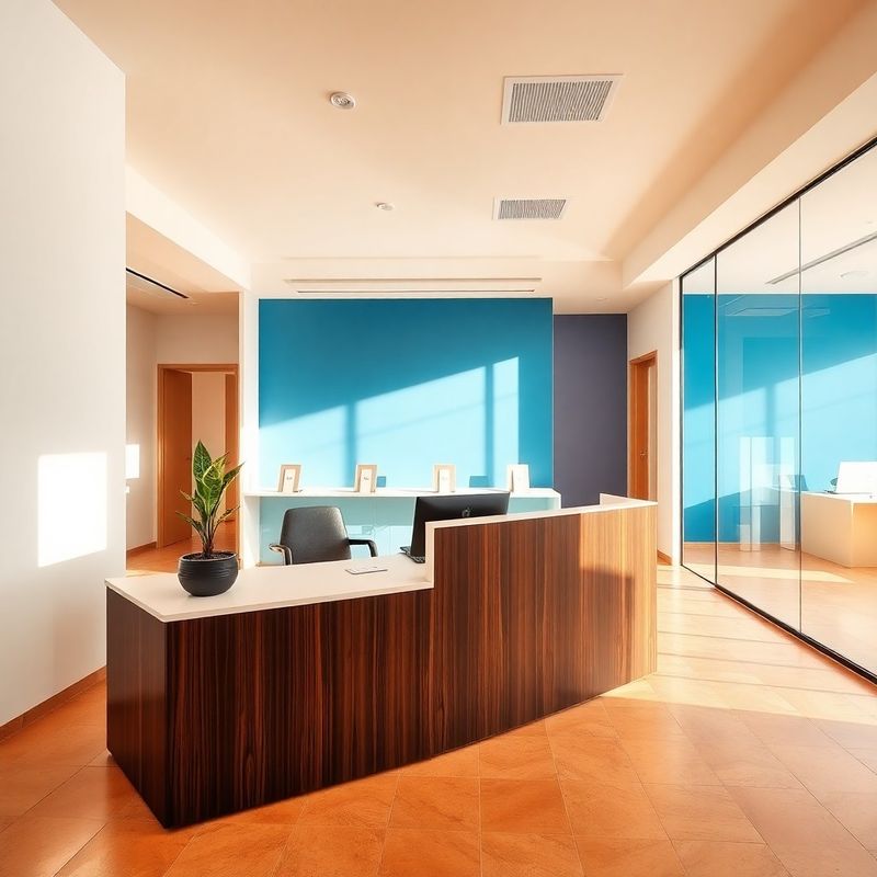 Recepción de oficina fintech en Málaga con pared acento azul